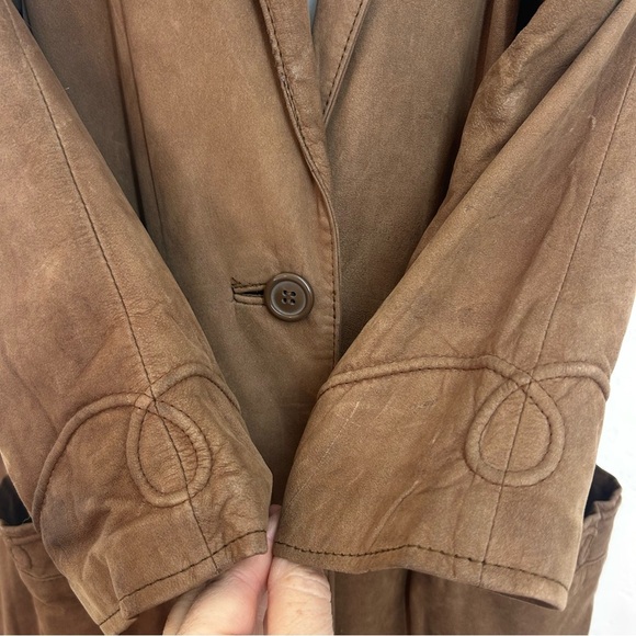 Split Ends 90s Brown Leather Duster Trench Coat size L - Picture 6 of 14